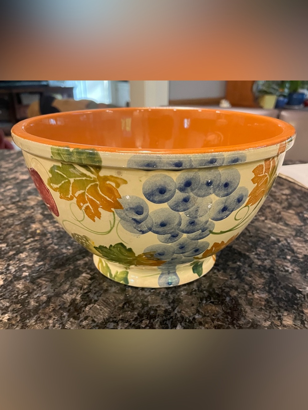 Hand-Painted Ceramic Fruit Pattern Bowl in Orange and Blue
